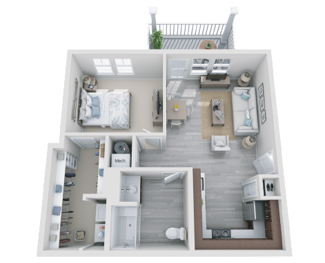 Floor plan for 1 bed, 1 bath, 724 sqft